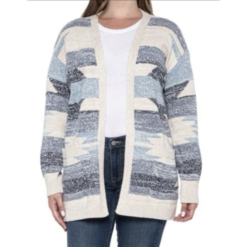 Lucky Brand Blue Cream Aztec‎ Southwest Pockets Sz L Cardigan Sweater NWT